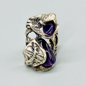 Vintage Brutalist Sterling Silver Amethyst Ring OOAK Design Modernist 1970’s